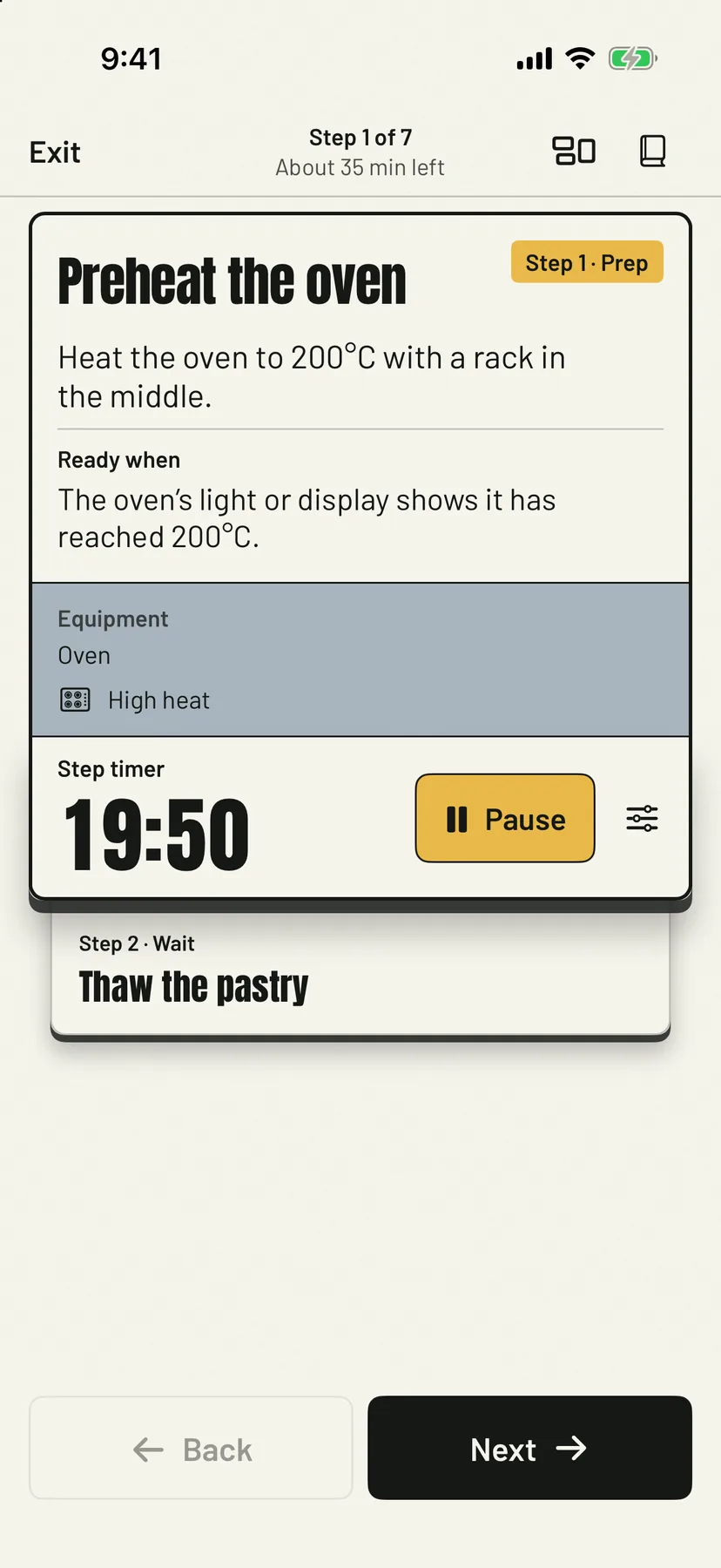 The same step with its timer running, showing 19:50 and a Pause button