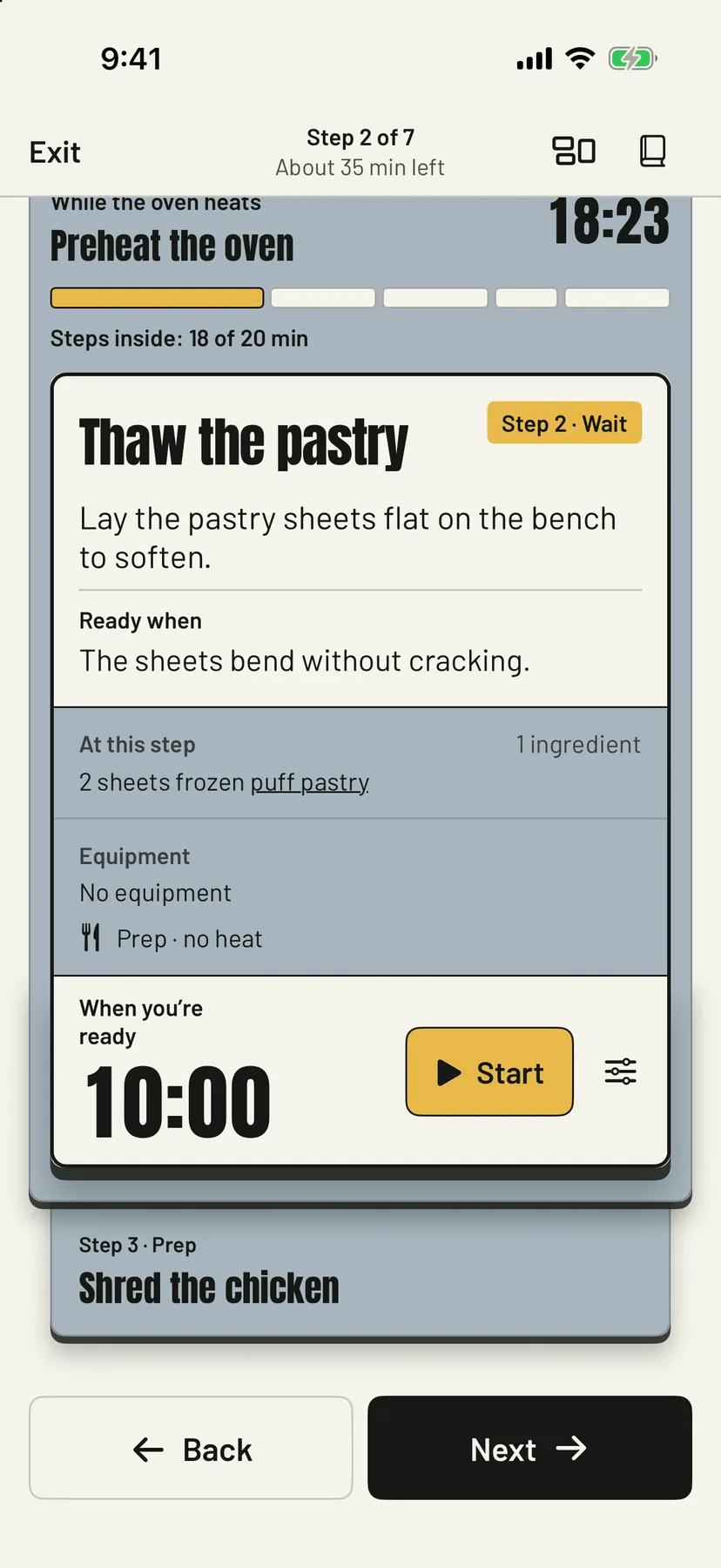 A step inside a longer one: Thaw the pastry while the oven heats, with its Ready when check, its ingredient and a timer